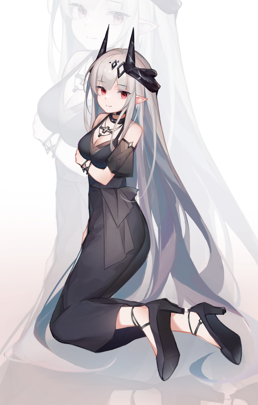 1girl absurdres arknights arm_under_breasts bare_shoulders black_dress black_horns black_shoes breasts cleavage closed_mouth commentary dress full_body grey_hair high_heels highres horns kneeling long_dress long_hair looking_at_viewer medium_breasts mofashi_(sxaf8777) mudrock_(arknights) mudrock_(obsidian)_(arknights) no_socks official_alternate_costume red_eyes shoe_soles shoes smile solo very_long_hair zoom_layer