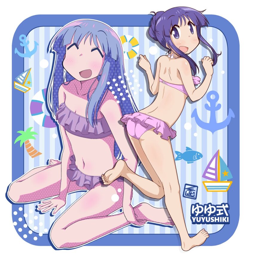 1girl :d ^_^ anchor barefoot bikini blue_background blush boat border breasts closed_eyes collarbone commentary_request copyright_name fish frilled_bikini frills full_body hair_bun highres hinata_yukari innertube ki_(adotadot) kneepits leg_up long_hair looking_at_viewer multiple_views navel open_mouth outside_border palm_tree pink_bikini purple_eyes purple_hair sidelocks single_hair_bun sitting small_breasts smile soles standing stomach striped_background swim_ring swimsuit tree wariza watercraft white_border yuyushiki