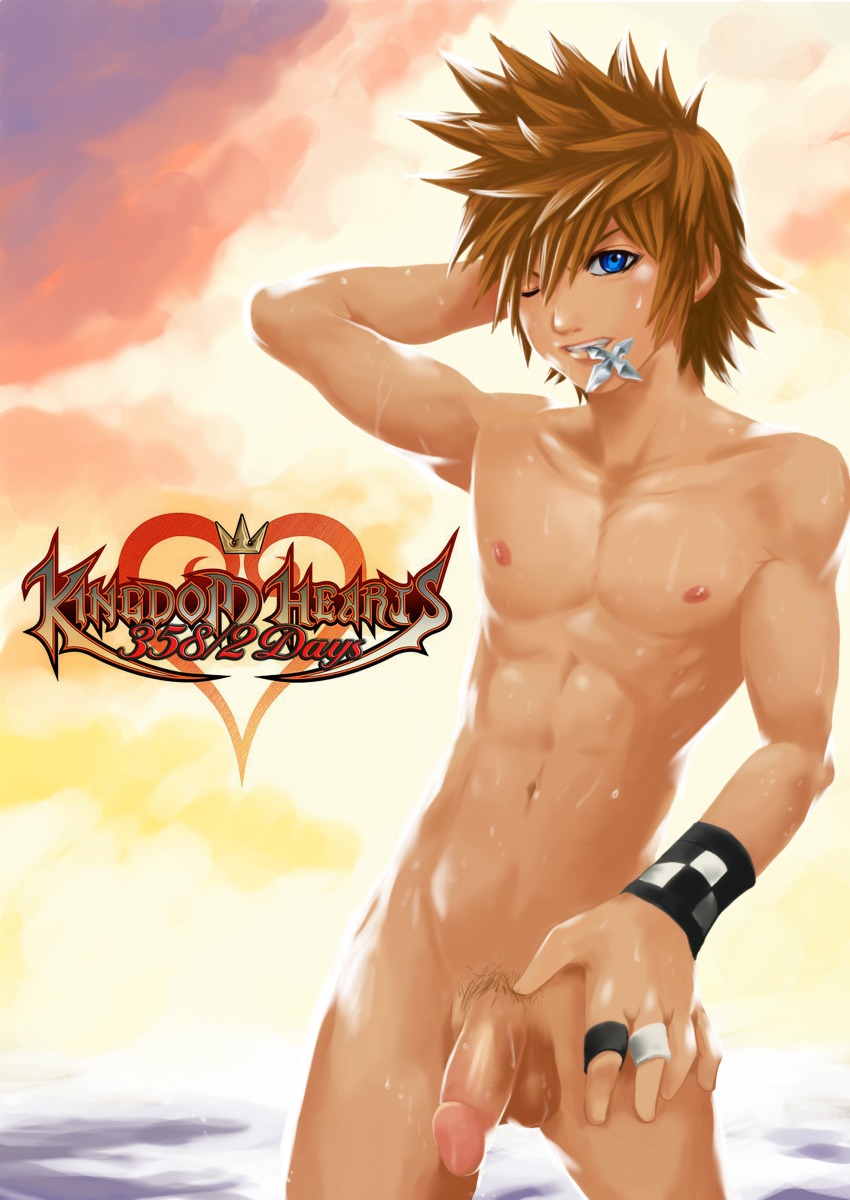 1boy absurdres blue_eyes flaccid highres jewelry kingdom_hearts male_focus muscular nude ocean one_eye_closed outdoors penis pubic_hair ring roxas solo spiked_hair standing uncensored water wet wink wristband zenra