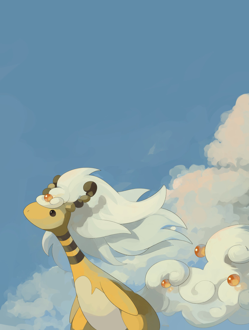 absurdres ampharos blue_sky cloud colored_skin fluffy gen_2_pokemon highres horns kura_(shironagasu02) long_hair looking_to_the_side mega_ampharos mega_pokemon nintendo no_humans pokemon pokemon_(creature) sky standing tail white_hair yellow_skin