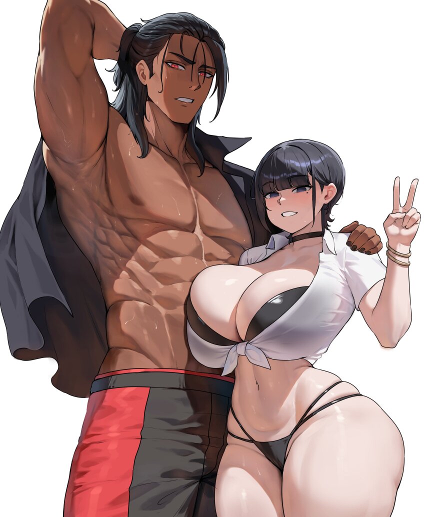 1boy 1girl abs absurdres bikini black_bikini black_choker black_hair black_nails black_shirt blue_eyes breasts choker cleavage collarbone cowboy_shot curvy dark-skinned_male dark_skin ethan69_(anhuzart) hand_on_another&#039;s_shoulder highres huge_breasts long_hair looking_at_viewer midriff muscular muscular_male navel original pants red_eyes shirt short_hair short_sleeves smile swimsuit thick_thighs thighs tied_shirt v white_background white_shirt wide_hips
