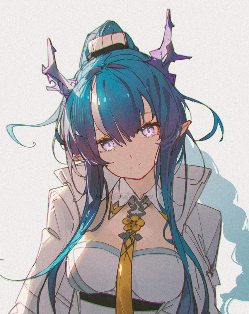 1girl arknights between_breasts blue_hair braid breasts closed_mouth collar commentary_request detached_collar dragon_girl dragon_horns grey_background hair_between_eyes highres horns jacket ling_(arknights) long_hair long_sidelocks long_sleeves looking_at_viewer medium_breasts multicolored_hair necktie necktie_between_breasts open_clothes open_jacket openvl pointy_ears purple_eyes purple_horns sidelocks simple_background solo upper_body white_collar white_hair white_jacket yellow_necktie