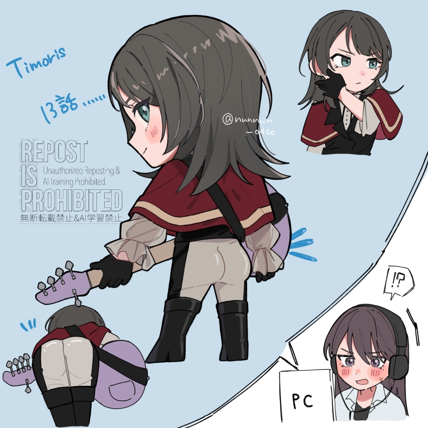 !? 2girls 5-string_bass_guitar ass bang_dream! bang_dream!_it&#039;s_mygo!!!!! bass_guitar bent_over black_boots black_gloves black_hair black_pants blush boots capelet chibi chibi_only commentary extended_range_bass_guitar from_behind full_body gloves headphones highres holding holding_bass_guitar holding_instrument instrument long_hair long_sleeves mole mole_under_eye multiple_girls nanami_(nunnun_0410) pants purple_eyes red_capelet shiina_taki shirt simple_background solo spoken_interrobang thigh_boots timoris_(bang_dream!) two-tone_pants white_background white_pants white_shirt yahata_umiri