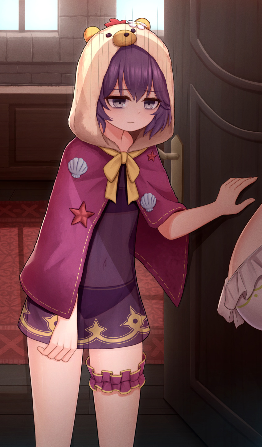 2girls absurdres animal_hood atorie bernadetta_von_varley bernadetta_von_varley_(summer) bikini breasts brown_hair cleavage closed_mouth covered_navel fire_emblem fire_emblem:_three_houses fire_emblem_engage fire_emblem_heroes gluteal_fold goldmary_(fire_emblem) goldmary_(summer)_(fire_emblem) grey_eyes grey_hair highres hood indoors large_breasts looking_at_another looking_down multiple_girls nintendo official_alternate_costume purple_bikini purple_hair see-through_clothes short_hair solo_focus swimsuit thigh_strap white_bikini window