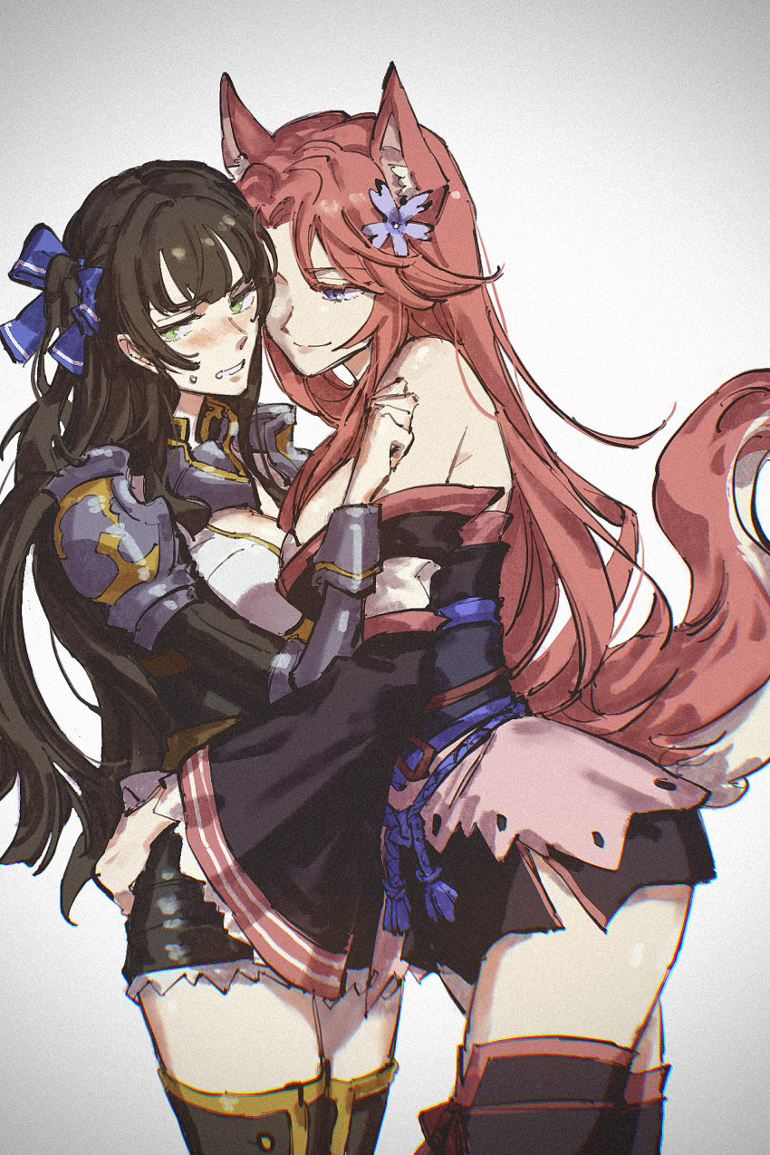 animal_ears blush bow brown_hair ceri_(sakura_dungeon) commission commissioner_upload embarrassed fox_ears fox_tail gauntlets hands_on_another&#039;s_hips highres hug japanese_clothes kimono long_sleeves non-web_source one_eye_covered pink_hair sakura_dungeon screwd_gamer tail thighhighs yomi_(sakura_dungeon) yuri