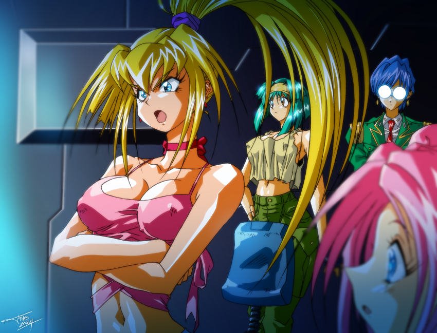4girls absurdres blue_hair breasts burn-up burn-up_excess burn-up_w casual chair cleavage glasses green_hair highres jinguu_maya kawasaki_maki kawazaki_maki kinezono_rio lilica_evett multiple_girls navel pink_hair police police_uniform tank_top