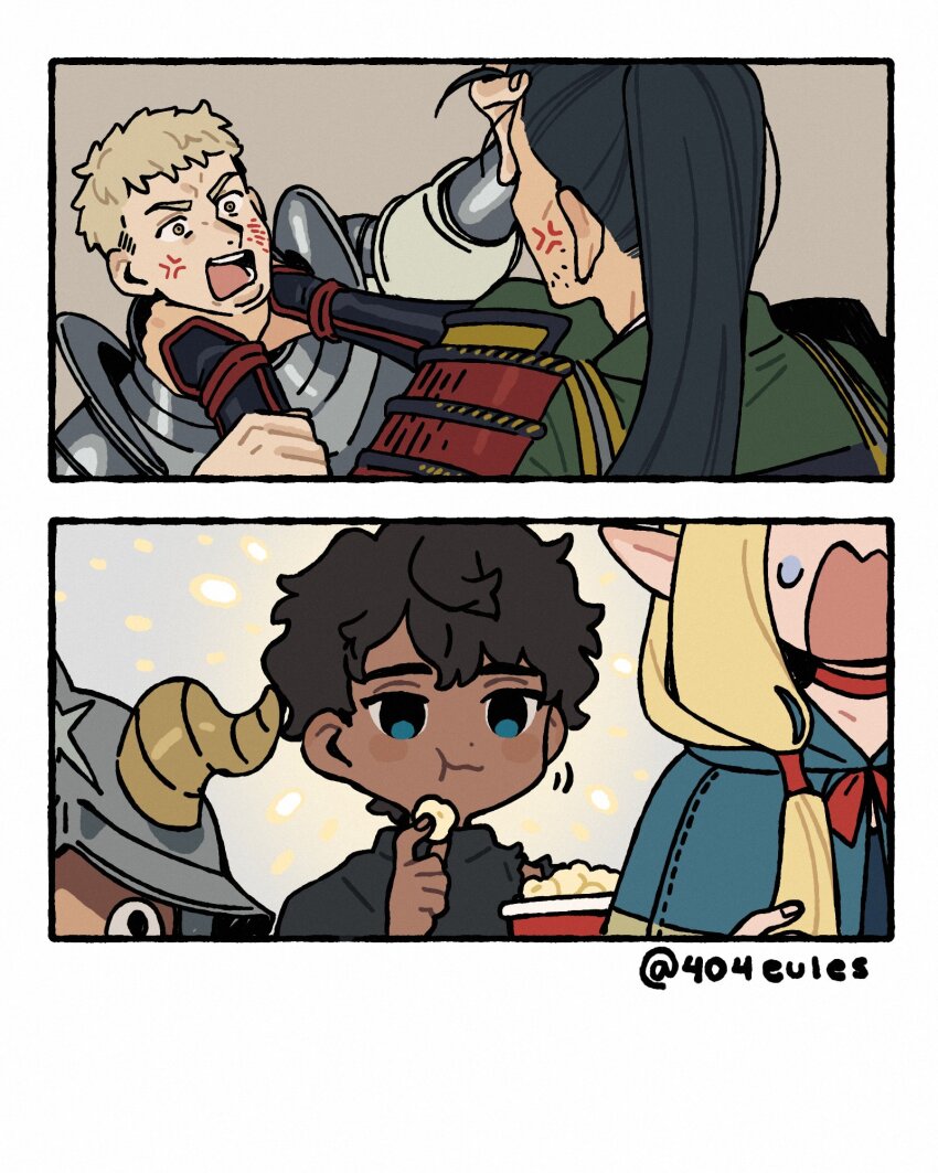 1girl 4boys :t anger_vein armor artist_name black_hair blonde_hair blue_capelet blue_eyes blush_stickers breastplate capelet chokeposting_(meme) commentary dark-skinned_male dark_skin dungeon_meshi eating english_commentary eules food highres japanese_armor japanese_clothes kabru laios_touden long_hair marcille_donato meme multiple_boys ponytail popcorn senshi_(dungeon_meshi) short_hair shurou twitter_username upper_body