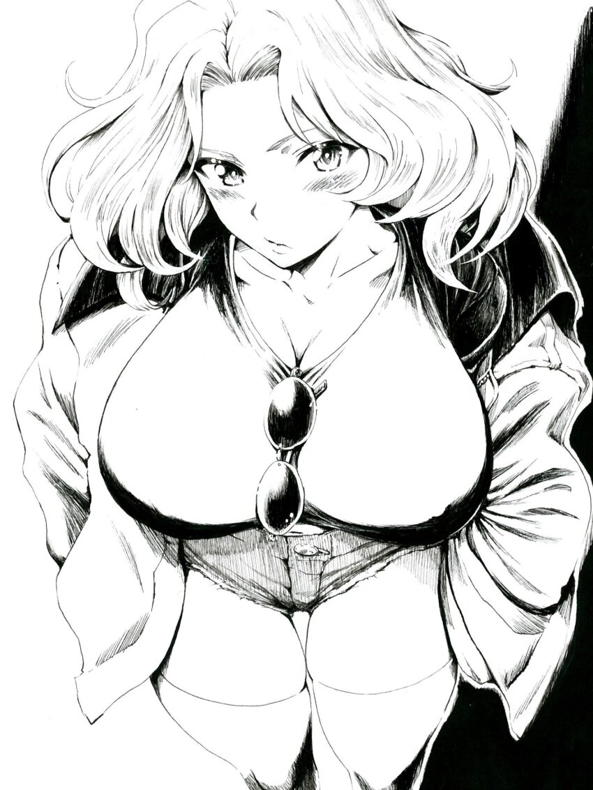 1girl :/ :t blush breasts cleavage collarbone covered_erect_nipples eyewear_hang from_above girls_und_panzer greyscale hair_intakes hands_in_pockets hashtag-only_commentary highres kay_(girls_und_panzer) large_breasts long_hair looking_at_viewer monochrome sawamin skindentation solo thigh_gap thighhighs thighs unworn_eyewear