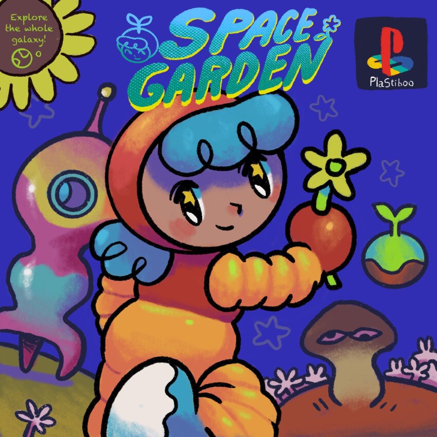 blue_hair blush dark-skinned_female dark_skin flower highres mushroom original planet plastiboo playstation_logo rocket sky smile spacesuit star_(sky) starry_sky toon_(style)