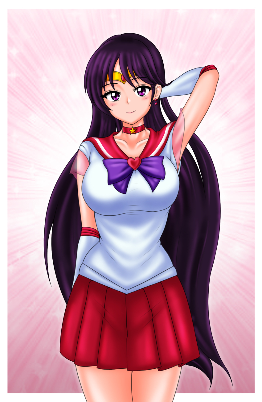 1girl bare_legs bishoujo_senshi_sailor_moon black_hair blush breasts choker cleavage closed_mouth collarbone earrings highres hino_rei inner_senshi jewelry large_breasts long_hair looking_at_viewer magical_girl miniskirt neck necklace pin_up pleated_skirt purple_eyes red_choker red_sailor_collar red_skirt sailor_collar sailor_mars sailor_senshi_uniform see-through_clothes see-through_sleeves shirt short_sleeves shy skirt smile standing star_(symbol) star_choker star_necklace straight_hair super_sailor_mars tiara treezero very_long_hair