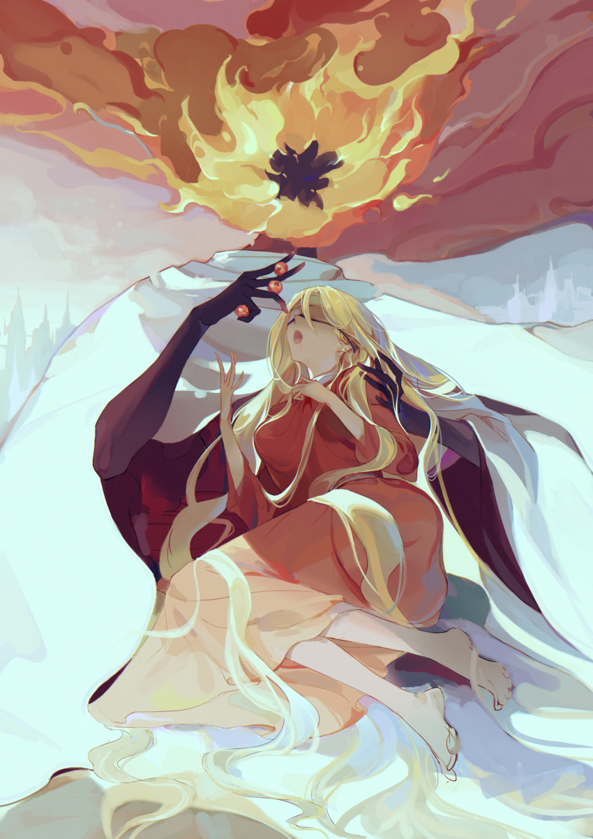 1girl 1other absurdres alternate_hairstyle ambiguous_gender barefoot blindfold blonde_hair brown_dress cape commentary_request covered_eyes dress elden_ring eyeball finger_maiden_hyetta flaming_head highres holding holding_eyeball long_hair lord_of_the_frenzied_flame_(elden_ring) open_mouth shabriri_grape sitting snailaql toes very_long_hair white_cape