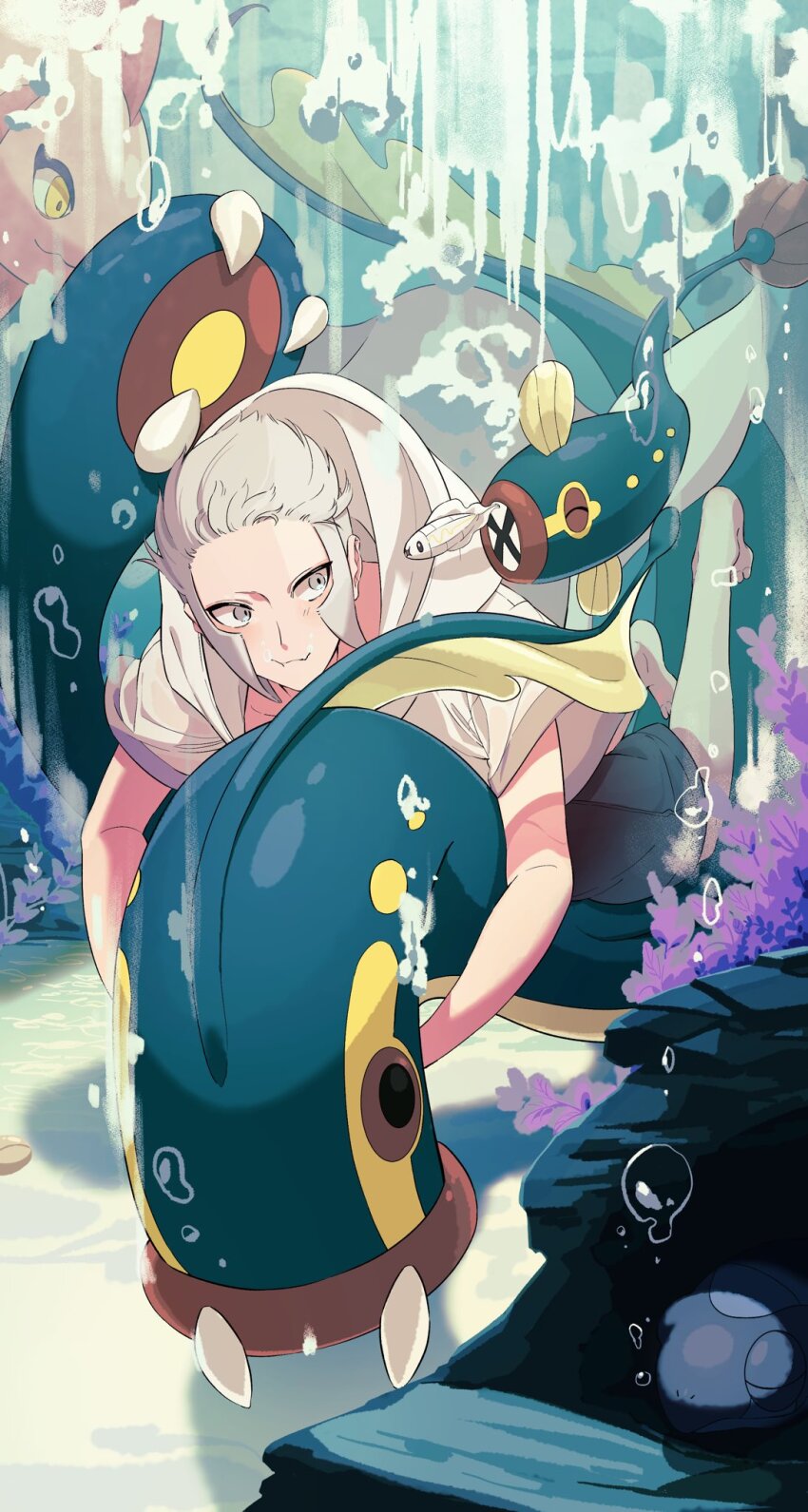 1boy air_bubble alomomola barefoot bubble eelektrik eelektross emmet_(pokemon) full_body gen_5_pokemon grey_eyes grey_hair highres holding holding_breath holding_pokemon hood hooded_jacket jacket male_focus male_swimwear moriyuisu nintendo pokemon pokemon_(creature) pokemon_bw seafloor shadow swim_trunks tirtouga tynamo underwater water white_jacket
