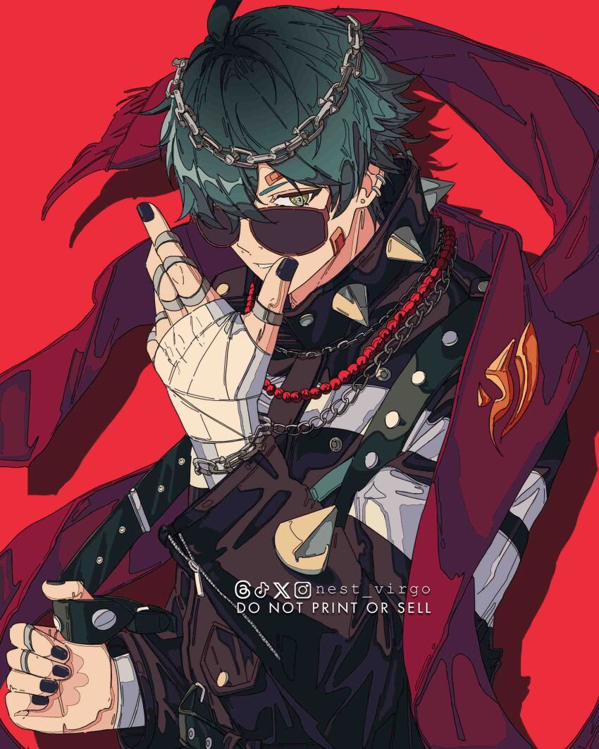 1boy absurdres bandaged_hand bandages chain earrings green_hair hair_between_eyes highres instagram_logo instagram_username jacket jewelry lighter_(zenless_zone_zero) looking_at_viewer male_focus nail_polish nest_virgo one_eye_covered red_background red_scarf ring scarf simple_background solo spiked_jacket sunglasses tiktok_logo twitter_logo twitter_username upper_body yellow_eyes zenless_zone_zero