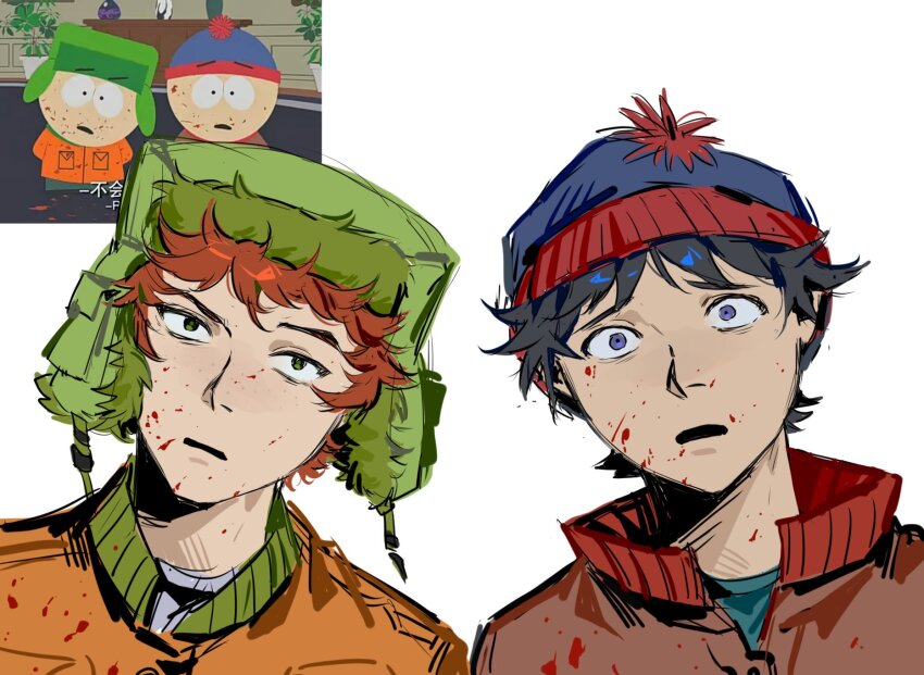 2boys black_hair blood blood_on_clothes blood_on_face blue_eyes blue_hat breast_pocket brown_jacket buttons derivative_work green_eyes green_hat hat highres jacket kugai697139 kyle_broflovski looking_at_viewer male_focus messy_hair multiple_boys open_mouth orange_hair orange_jacket pocket pom_pom_(clothes) screenshot_redraw short_hair simple_background south_park stan_marsh upper_body white_background