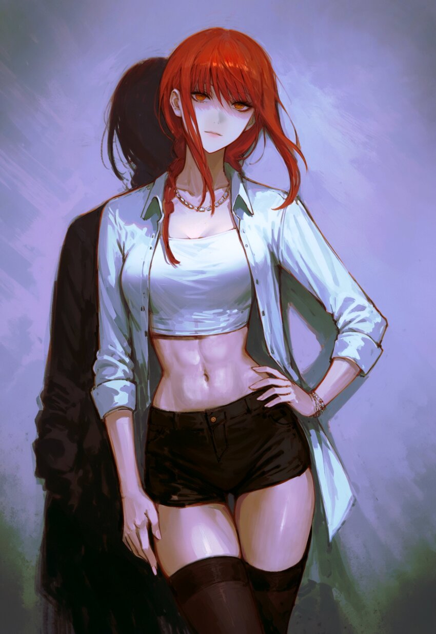 1girl absurdres black_shorts black_thighhighs bracelet braid braided_ponytail breasts chainsaw_man collared_shirt hand_on_own_hip highres jewelry large_breasts long_hair looking_at_viewer makima_(chainsaw_man) midriff mymzi necklace open_clothes open_shirt red_hair ringed_eyes shadow shirt short_shorts shorts simple_background solo strapless thighhighs toned toned_female tube_top white_shirt yellow_eyes
