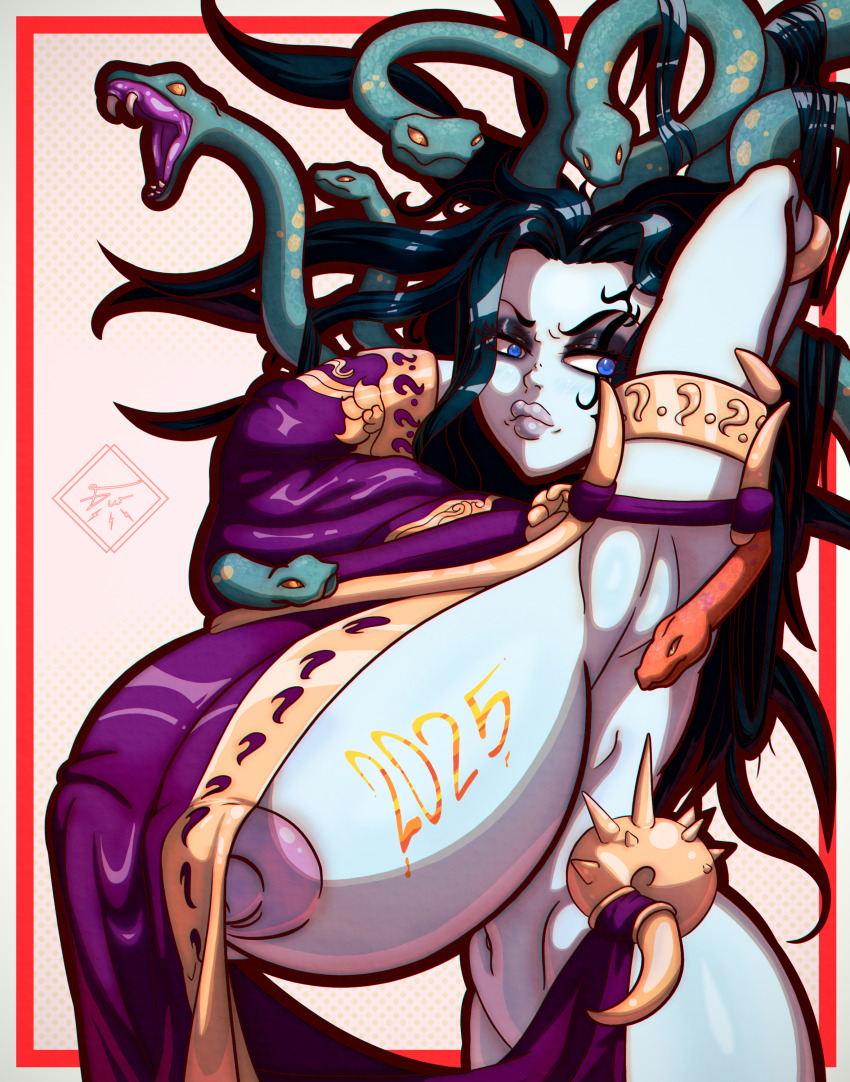1girl absurdres arms_behind_back arms_up black_hair blue_eyes breasts chinese_new_year chinese_zodiac facial_mark female_focus gigantic_breasts gus_arts highres huge_breasts kid_icarus kid_icarus_uprising large_nipples lips long_hair medusa_(kid_icarus) new_year nintendo nipples paint paint_on_body robe sideboob snake snake_hair year_of_the_snake