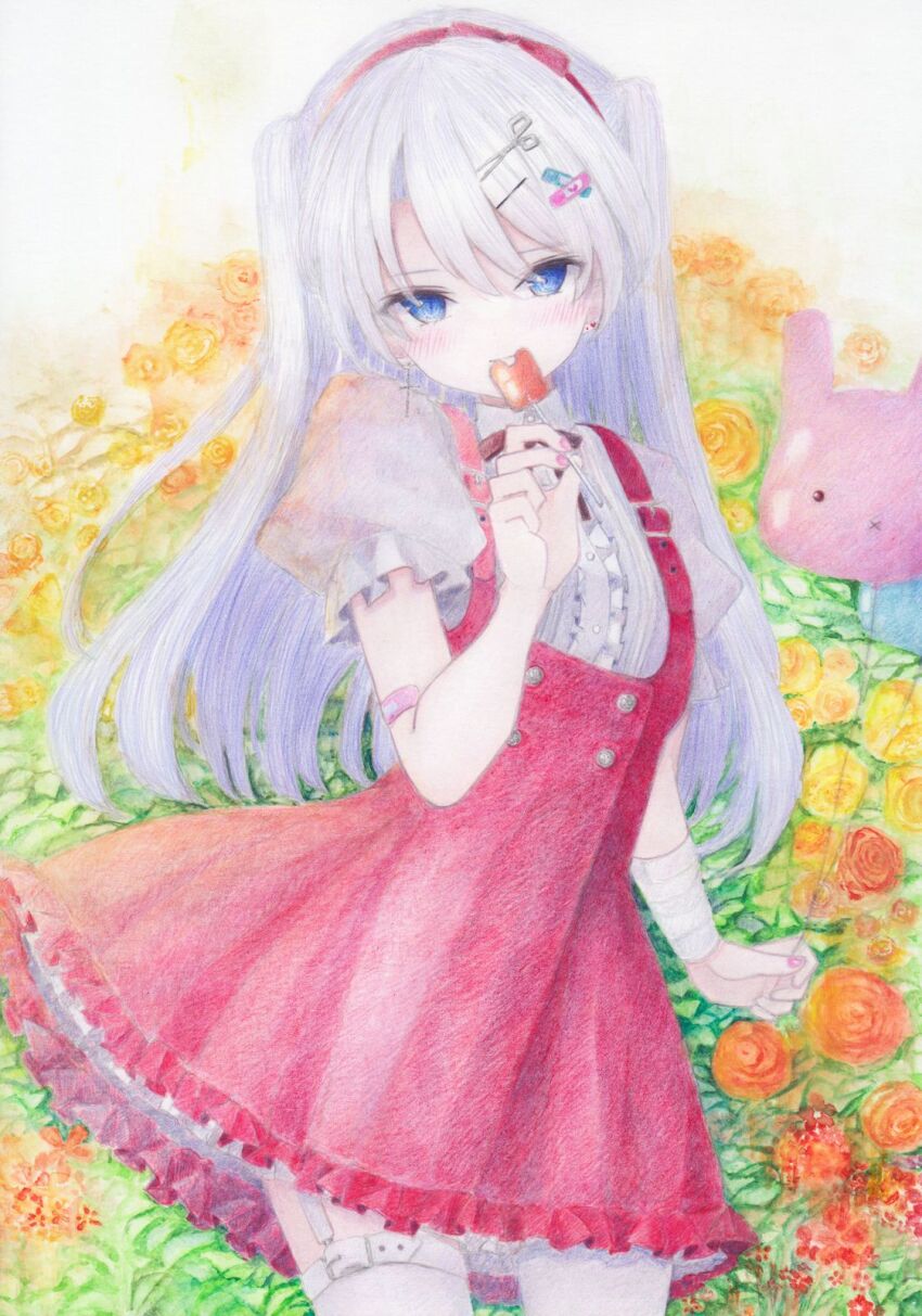 1girl balloon bandages bandaid blue_eyes blush colored_pencil_(medium) darkkanan dress eyes_visible_through_hair floral_background food_in_mouth frilled_dress frilled_shirt frilled_skirt frills garter_straps hair_between_eyes hairband highres long_hair looking_at_viewer original painting_(medium) pink_dress pink_hairband shirt skirt solo standing suspender_skirt suspenders thighhighs traditional_media watercolor_(medium) white_hair white_shirt
