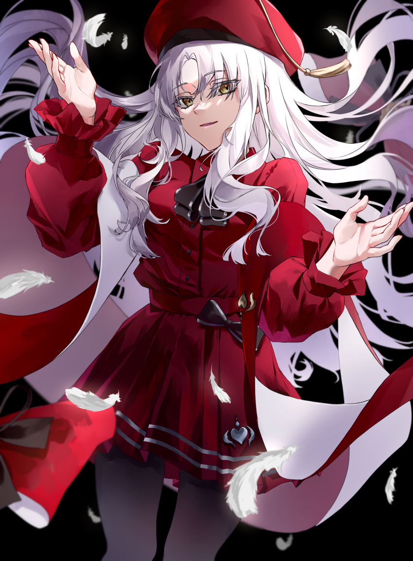 1girl beret black_background black_bow black_pantyhose bow caren_hortensia caren_hortensia_(amor_caren) caren_hortensia_(amor_caren)_(second_ascension) collared_shirt commentary_request cowboy_shot fate/grand_order fate_(series) feathers hat highres ina_(rimuna_1228) long_hair long_sleeves looking_at_viewer neck_ribbon pantyhose red_hat red_shirt red_skirt ribbon shawl shirt shroud_of_magdalene simple_background skirt solo wavy_hair white_hair yellow_eyes