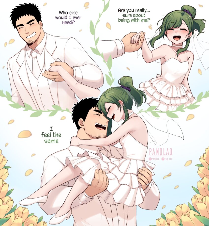 1boy 1girl absurdres black_hair blush bridal_veil bride carrying couple dress facial_hair flower formal_clothes goatee green_hair groom highres husband_and_wife igarashi_futaba jewelry medium_hair panqlao ponytail princess_carry ring senpai_ga_uzai_kouhai_no_hanashi short_hair strapless strapless_dress stubble suit takeda_harumi thick_eyebrows tulip tuxedo veil wedding wedding_dress wedding_ring white_dress white_suit yellow_flower yellow_tulip