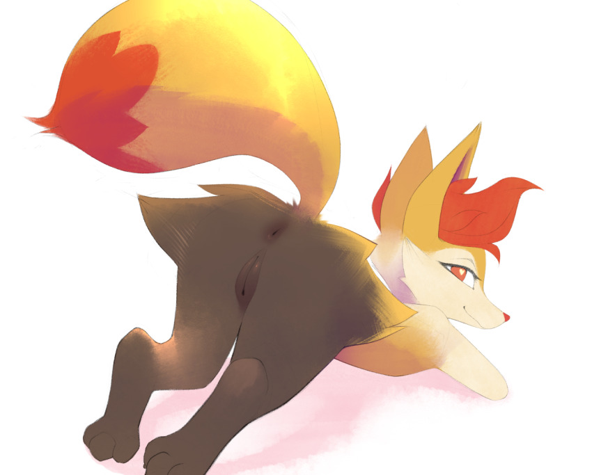 1girl animal_ear_fluff animal_ears anus ass b-epon black_fur body_fur braixen cleft_of_venus commentary digitigrade english_commentary fox_ears fox_girl fox_tail from_behind furry furry_female gen_6_pokemon heart heart-shaped_pupils looking_back multicolored_fur nintendo nude orange_eyes pokemon pokemon_(creature) presenting pussy simple_background smile solo symbol-shaped_pupils tail uncensored white_background yellow_fur