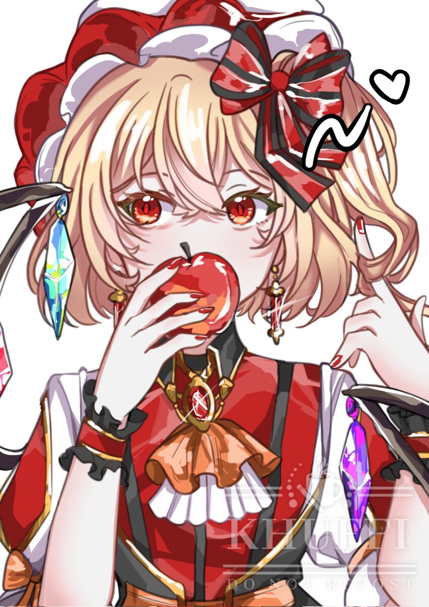 1girl apple ascot black_bow blonde_hair bow brown_ascot commentary dress earrings flandre_scarlet food frilled_wristband fruit hair_bow hashtag-only_commentary heart highres holding holding_food holding_fruit jewelry khuffi looking_to_the_side red_bow red_dress red_eyes red_nails simple_background solo striped_bow touhou twirling_hair upper_body white_background