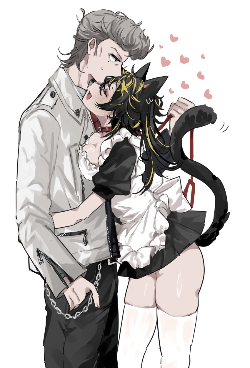 1boy 1girl absurdres age_difference aimono_jyushi amaguni_hitoya animal_collar animal_ear_piercing animal_ears bdsm black_dress black_pants blonde_streaks breasts breasts_squeezed_together cat_ears cat_tail collar cowboy_shot dress fine_fabric_emphasis genderswap genderswap_(mtf) green_eyes grey_hair hand_in_pocket heart height_difference hetero highres holding holding_leash hug hypnosis_mic jacket kiiro_0517 leash leather leather_jacket long_hair maid medium_breasts mole mole_under_eye one_eye_closed pants pompadour profile puffy_sleeves shiny_skin short_dress skindentation slave sweat tail thighhighs white_jacket white_thighhighs