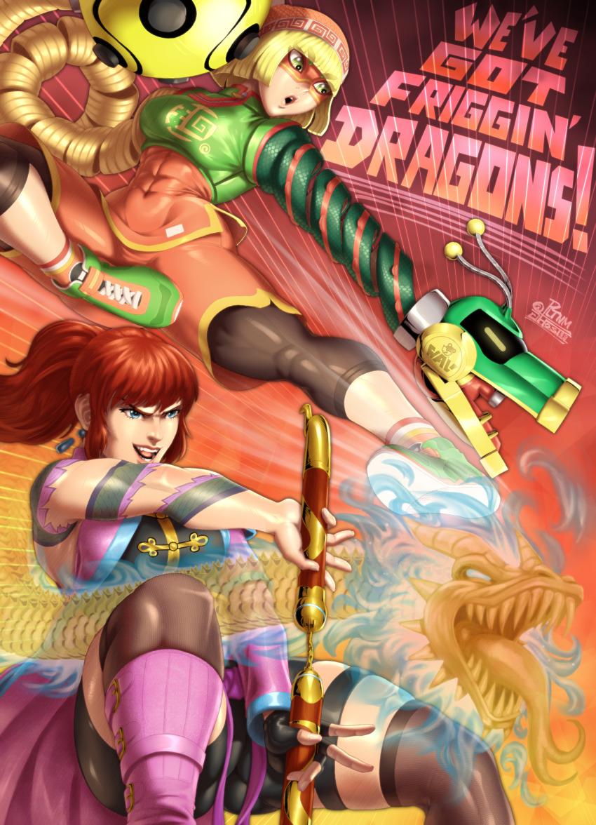 2girls absurdres arm_tattoo arms_(game) bike_shorts blonde_hair blue_eyes bob_cut chinese_clothes covered_navel crossover dragon dragon_(arms) dragon_tattoo earrings eastern_dragon green_eyes green_shoes highres jewelry kicking killer_instinct killer_instinct_(2013) kim_wu leggings leggings_under_shorts mask megawatt_(arms) min_min_(arms) multiple_girls nunchaku open_mouth orange_shorts pltnm_ghost ponytail red_hair shoes short_hair shorts single_sleeve extendable_limbs tattoo thick_thighs thighhighs thighs weapon