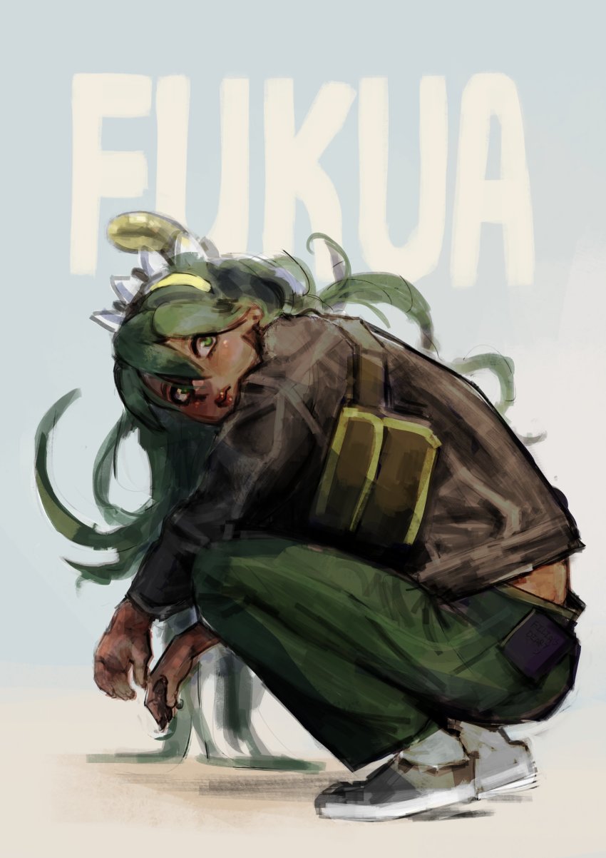 1girl absurdres alternate_costume artist_request character_name dark-skinned_female dark_skin from_side fukua_(skullgirls) full_body green_eyes green_hair highres jacket long_tongue looking_to_the_side red_lips shamone_(skullgirls) sharp_teeth skullgirls solo squatting squiiiiiiiigly teeth tongue tongue_out