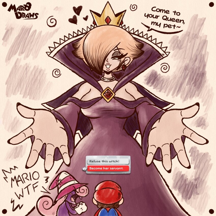 1boy 2girls alternate_costume alternate_hairstyle angry artist_name bare_shoulders black_choker black_nails blonde_hair breasts brown_hair choker corruption crown cursa dark_persona dress earrings english_text eyelashes eyeshadow hat heart highres jewelry long_sleeves looking_at_another makeup mario mario_(series) mario_+_rabbids_sparks_of_hope marodraws multiple_boys multiple_girls nail_polish nintendo open_mouth paper_mario paper_mario:_the_thousand-year_door pink_hair possessed possession purple_dress purple_eyeshadow reaching reaching_towards_another rosalina shadow_queen short_hair smile spiral super_mario_galaxy vivian_(paper_mario)