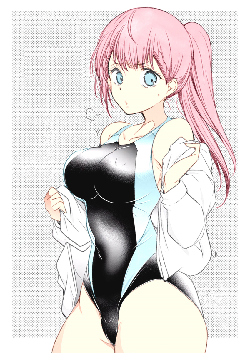 1girl aqua_eyes arai_kazuki blue_eyes bokutachi_wa_benkyou_ga_dekinai braid breasts cleavage coat collarbone colorized competition_swimsuit cover covered_erect_nipples groin highres kirisu_mafuyu large_breasts long_hair one-piece_swimsuit pink_hair ponytail solo swimsuit third-party_edit unworn_coat