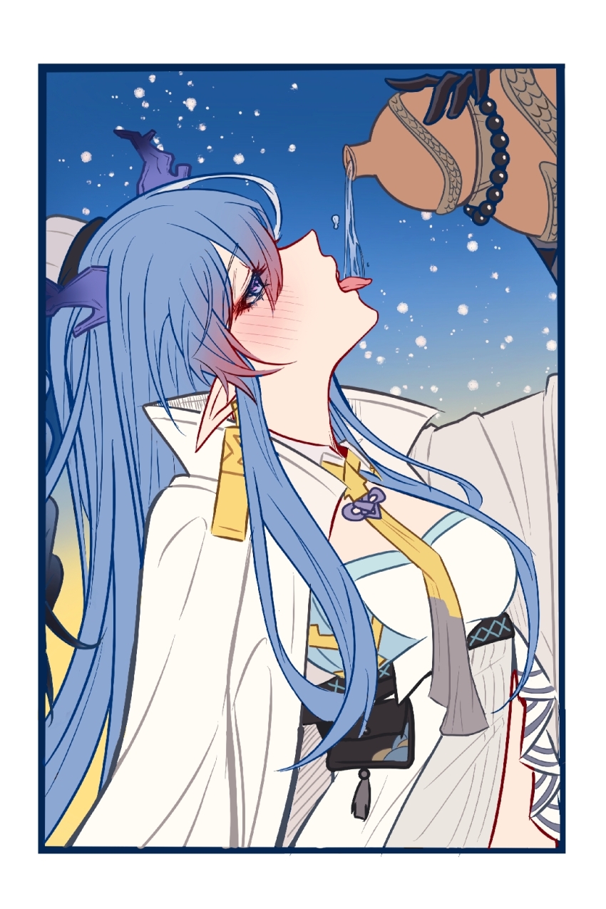 1girl arknights arm_up blue_eyes blue_hair blush border chinese_commentary commentary_request dragon_girl dragon_horns drink drinking earrings gourd half-closed_eye head_back highres holding holding_gourd horns jacket jewelry ling_(arknights) long_hair multicolored_hair open_mouth pink_hair pointy_ears profile sexually_suggestive shishen_xiang_yu_pai solo streaked_hair tongue tongue_out upper_body water white_border white_jacket