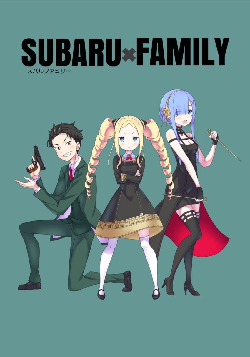 2girls anya_(spy_x_family) anya_(spy_x_family)_(cosplay) bare_shoulders beatrice_(re:zero) black_choker black_dress blonde_hair blue_eyes blue_hair butterfly-shaped_pupils choker cosplay dagger dress drill_hair earrings eden_academy_school_uniform family formal_clothes gold_earrings gold_hairband gold_headband green_pants green_suit gun hair_ornament hair_over_one_eye hair_slicked_back hairband hairpods highres holding holding_dagger holding_gun holding_knife holding_weapon jewelry knife koushin_ryo multiple_girls natsuki_subaru pants parody re:zero_kara_hajimeru_isekai_seikatsu red_tie rem_(re:zero) reverse_grip school_uniform spy_x_family stiletto_(weapon) suit symbol-shaped_pupils twilight_(spy_x_family) twilight_(spy_x_family)_(cosplay) twin_drills two-sided_dress two-sided_fabric vest waistcoat weapon x_hair_ornament yor_briar yor_briar_(cosplay)
