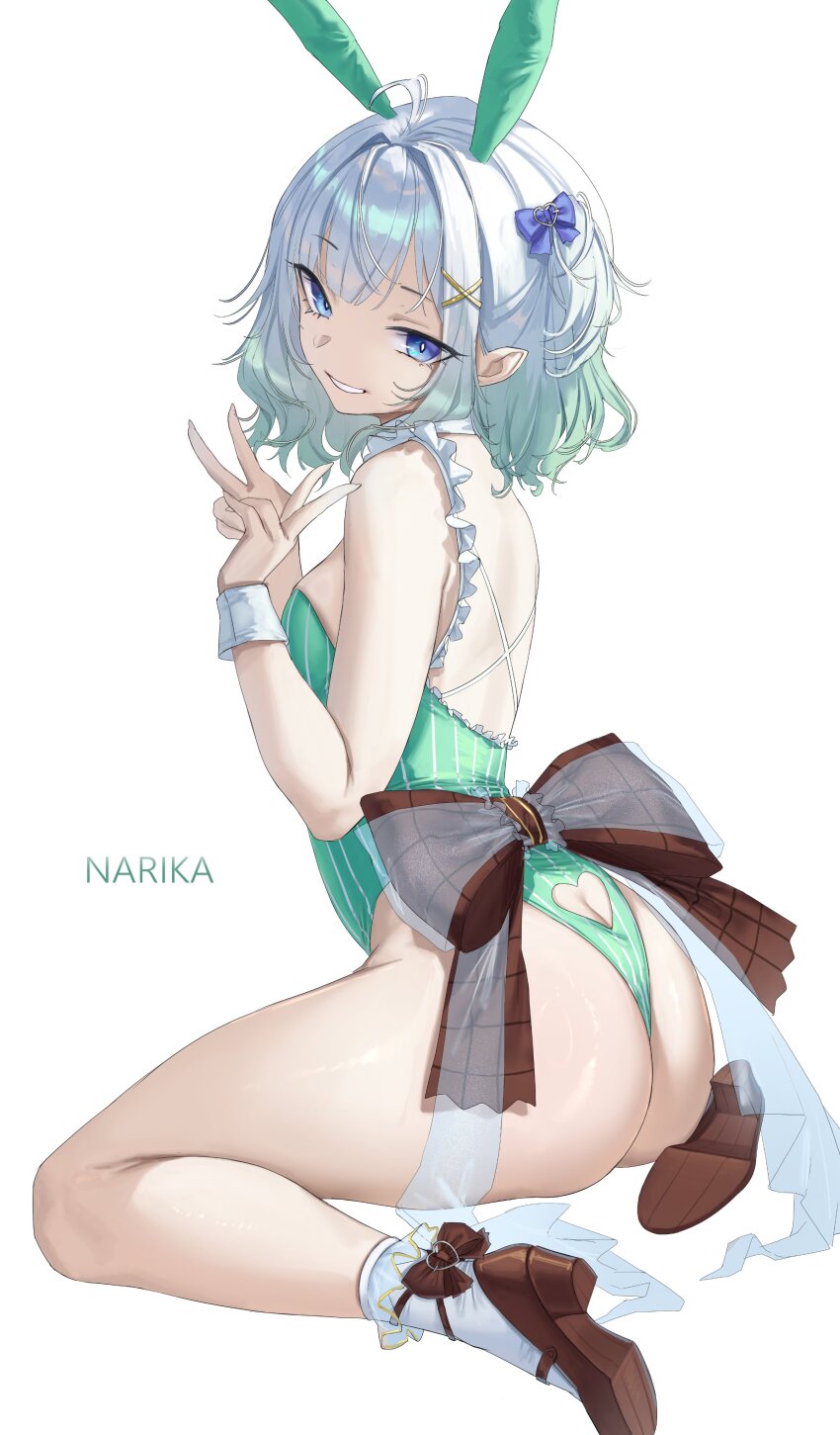 1girl absurdres adapted_costume animal_ears ass ass_cutout back_bow backless_leotard bare_shoulders blue_eyes bobby_socks bow brown_shoes butt_crack clothing_cutout commentary criss-cross_back-straps double_v english_commentary fake_animal_ears gradient_hair green_hair green_leotard grey_hair grin hair_ornament hairclip heart_cutout high_heels highleg highleg_leotard highres indie_virtual_youtuber large_bow leotard looking_at_viewer mint_fantome mint_fantome_(minto_2.0) multicolored_hair narika_(narikakkkk) playboy_bunny pointy_ears rabbit_ears shoes short_hair sitting smile socks solo striped_clothes striped_leotard thick_thighs thighs v vertical-striped_clothes vertical-striped_leotard virtual_youtuber wavy_hair white_socks wrist_cuffs x_hair_ornament yokozuwari