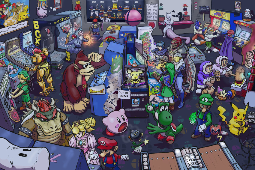 6+boys 6+girls absurdres andross animal_crossing arcade arcade_cabinet baby_bowser bob-omb bowser cannon captain_falcon celebi centerpied crazy_hand directed-energy_weapon diskun donkey_kong donkey_kong_(series) dr._mario dr._mario_(game) electrode_(pokemon) energy_cannon energy_weapon f-zero falco_lombardi fire_emblem fire_emblem:_the_binding_blade fox_mccloud game_&amp;_watch game_console gamecube ganondorf gen_1_pokemon gen_2_pokemon george_(rampage) giga_bowser gooey_(kirby) heart_container highres ice_climber ice_climbers jigglypuff kid_icarus kirby kirby&#039;s_dream_land_3 kirby_(series) landmaster legendary_pokemon link lip&#039;s_stick lizzie_(rampage) luigi mario mario_(series) marth_(fire_emblem) masahiro_sakurai master_hand maxim_tomato metal_mario metroid mew_(pokemon) mewtwo mother_(series) mother_2 mr._game_&amp;_watch mr._resetti multiple_boys multiple_girls mythical_pokemon nana_(ice_climber) ness_(mother_2) nintendo nintendo_64 pichu pikachu pit_(kid_icarus) poke_ball poke_ball_(basic) pokemon pokemon_(creature) popo_(ice_climber) princess_peach raccoon_mario ralph_(rampage) rampage_(series) real_life roy_(fire_emblem) samus_aran sandbag_(smash_bros) sheik squirtle star_fox star_fox_64 star_rod super_mario_64 super_mario_bros._1 super_mario_bros._3 super_mushroom super_smash_bros. super_star_(mario) sword tagme tail the_legend_of_zelda the_legend_of_zelda:_ocarina_of_time tom_nook_(animal_crossing) weapon whispy_woods yoshi yoshi&#039;s_island young_link