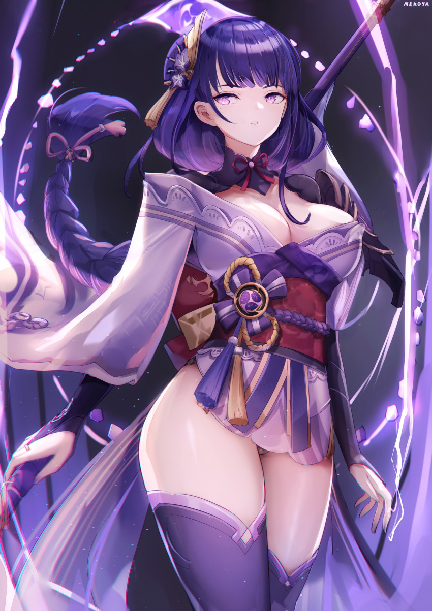 1girl absurdres arm_at_side artist_name black_background black_thighhighs braid breasts bridal_gauntlets bright_pupils cleavage cowboy_shot electricity engulfing_lightning_(genshin_impact) floating_hair flower genshin_impact hair_flower hair_ornament highres holding holding_polearm holding_weapon japanese_clothes kimono long_sleeves looking_at_viewer low-braided_long_hair low-tied_long_hair medium_breasts mole mole_under_eye neck_ribbon nekoya_(liu) obi obiage obijime panties parted_lips polearm purple_eyes purple_flower purple_hair purple_kimono raiden_shogun red_ribbon red_sash ribbon sash short_kimono shrug_(clothing) sidelocks single_braid solo tassel tassel_hair_ornament thighhighs thighs underwear vision_(genshin_impact) weapon white_pupils wide_sleeves