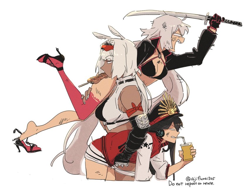 3girls angel animal_ears arm_up asaya_minoru bare_shoulders bendy_straw bikini black_bikini black_footwear black_gloves black_hair black_headwear caenis_(fate) caenis_(swimsuit_rider)_(fate) caenis_(swimsuit_rider)_(second_ascension)_(fate) carrying carrying_over_shoulder carrying_under_arm crest cropped_legs cup dark-skinned_female dark_skin disposable_cup drinking_straw english_text eyewear_on_head family_crest fate/grand_order fate_(series) from_side gloves grey_hair hat high_heels holding holding_cup holding_sword holding_weapon jacket jeanne_d&#039;arc_(fate) jeanne_d&#039;arc_alter_(fate) jeanne_d&#039;arc_alter_(swimsuit_berserker)_(fate) katana letterman_jacket long_hair long_sleeves multiple_girls oda_nobunaga_(fate) oda_nobunaga_(swimsuit_berserker)_(fate) oda_nobunaga_(swimsuit_berserker)_(first_ascension)_(fate) oda_uri peaked_cap profile puffy_long_sleeves puffy_sleeves red-tinted_eyewear red_jacket red_legwear shoe_dangle shoes shrug_(clothing) simple_background single_glove single_thighhigh spiked_gloves sunglasses swimsuit sword thighhighs tinted_eyewear twitter_username very_long_hair watermark weapon white_background