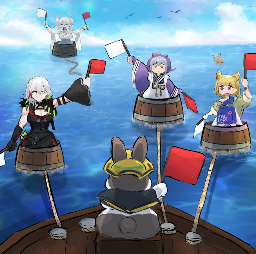 4girls barrel black_dress blonde_hair blue_hair blue_kimono boat breasts cleavage day demon_girl diabellstar_the_black_witch dragon_girl dress duel_monster flag green_eyes grey_hair hatano_kiyoshi highres holding holding_flag japanese_clothes kimono large_breasts laundry_dragonmaid lovely_labrynth_of_the_silver_castle maid mario_(series) mario_party multiple_girls nintendo ocean outdoors parody rabbit red_eyes red_flag rescue_rabbit rope screaming standing wa_maid watercraft white_flag witchcrafter_potterie yu-gi-oh!