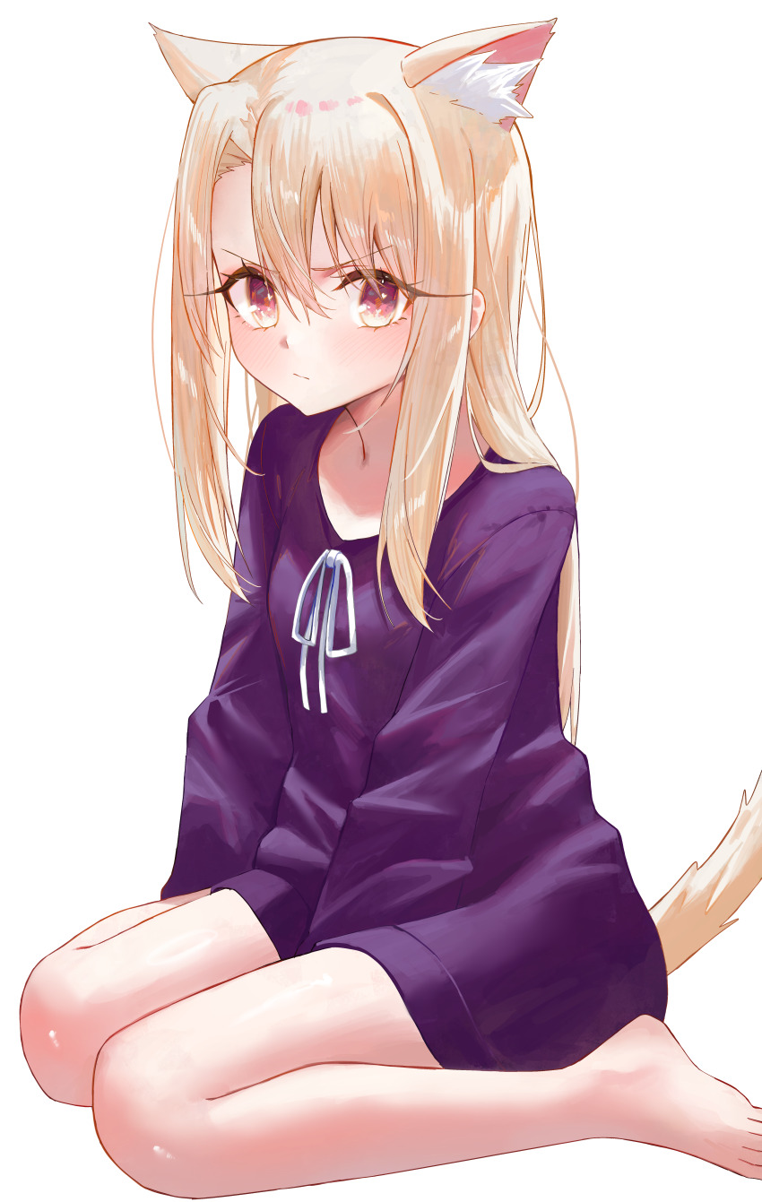 1girl absurdres animal_ear_fluff animal_ears barefoot blonde_hair breasts cat_ears cat_girl cat_tail closed_mouth commentary dress fate/stay_night fate_(series) highres illyasviel_von_einzbern kaze_22 kemonomimi_mode korean_commentary long_hair long_sleeves looking_at_viewer purple_dress red_eyes simple_background sitting small_breasts solo tail toes v-shaped_eyebrows wariza white_background