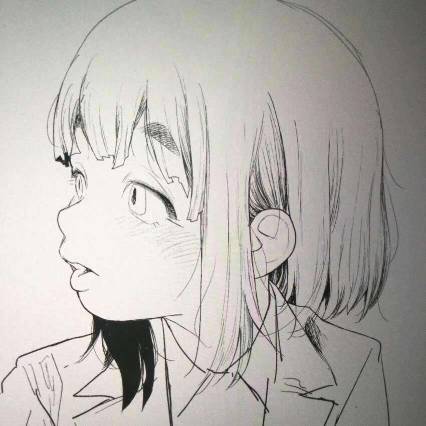 1girl monochrome photo_(medium) sakurai_gamon short_hair tagme thick_eyebrows