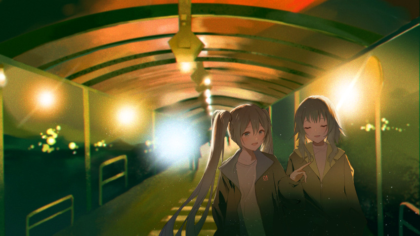 2girls absurdres aqua_eyes aqua_hair city_lights closed_eyes clothes_writing collarbone commentary film_grain green_hair gumi hair_between_eyes hatsune_miku highres index_finger_raised jacket lens_flare light_blush light_particles long_hair multiple_girls night open_clothes open_jacket open_mouth pointing puffy_sleeves railing sidelocks silhouette smile standing twintails upper_body very_long_hair vocaloid walking walkway yuri yurun_(yurun_ume)