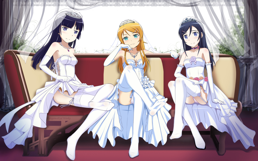 3girls aqua_eyes aragaki_ayase arm_support bare_shoulders black_hair blonde_hair blush breasts bridal_veil bride choker cleavage clothes_lift couch crossed_legs curtains dress dress_lift edogawakid elbow_gloves feet foot_focus garter_straps gloves gokou_ruri hand_on_own_face highres jewelry kousaka_kirino legs long_hair long_legs looking_at_viewer medium_breasts multiple_girls necklace no_shoes ore_no_imouto_ga_konna_ni_kawaii_wake_ga_nai panties pantyshot patterned_upholstery purple_eyes purple_hair red_upholstery sheer_curtains sitting small_breasts smirk socks soles striped_upholstery thighhighs toes underwear upskirt veil wedding_dress white_dress white_gloves white_legwear white_panties window