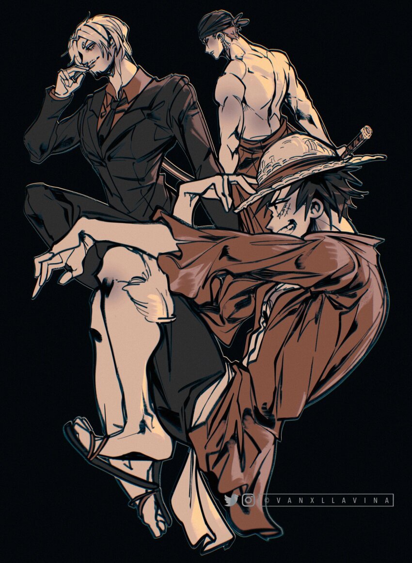 3boys bandana black_background cigarette commentary english_commentary facial_hair formal_clothes full_body goatee highres instagram_username looking_ahead male_focus monkey_d._luffy multiple_boys necktie one_piece open_clothes open_shirt profile red_shirt roronoa_zoro sanji_(one_piece) sash scar scar_on_chest scar_on_face shirt shorts suit topless_male twitter_username vanxllavina