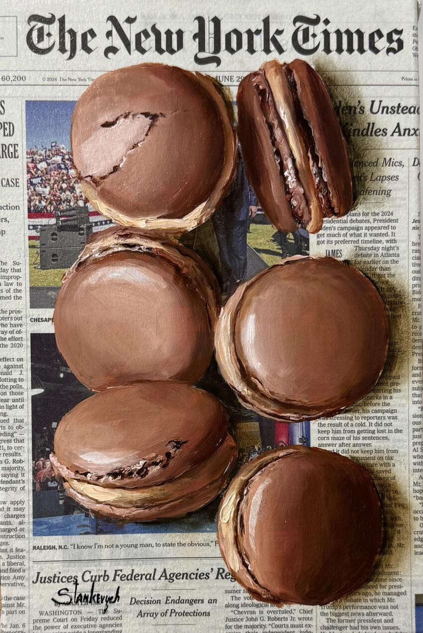 absurdres food food_focus highres julia_stankevych macaron newspaper no_humans oil_painting_(medium) original painting_(medium) photo_(medium) realistic signature still_life traditional_media wall_of_text