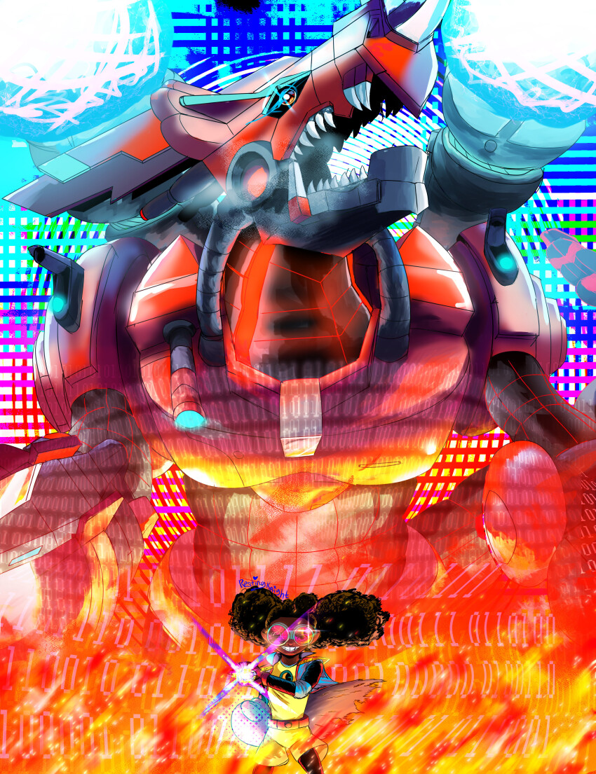 absurdres binary black_hair cannon chaosdramon crossover digimon digimon_(creature) digivice fire goggles highres looking_at_viewer lunella_lafayette marvel moon_girl_and_devil_dinosaur open_mouth resting_knight robot sharp_teeth smile teeth wireframe