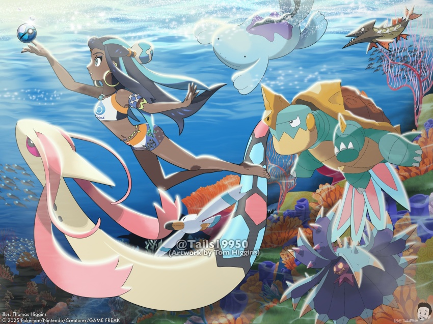 1girl barraskewda black_hair blue_hair crop_top dark-skinned_female dark_skin drednaw fish gen_2_pokemon gen_3_pokemon gen_7_pokemon gen_8_pokemon highres long_hair milotic nessa_(pokemon) nintendo pokemon pokemon_swsh quagsire shorts swimsuit tails19950 tom_higgins toxapex underwater wingull wishiwashi