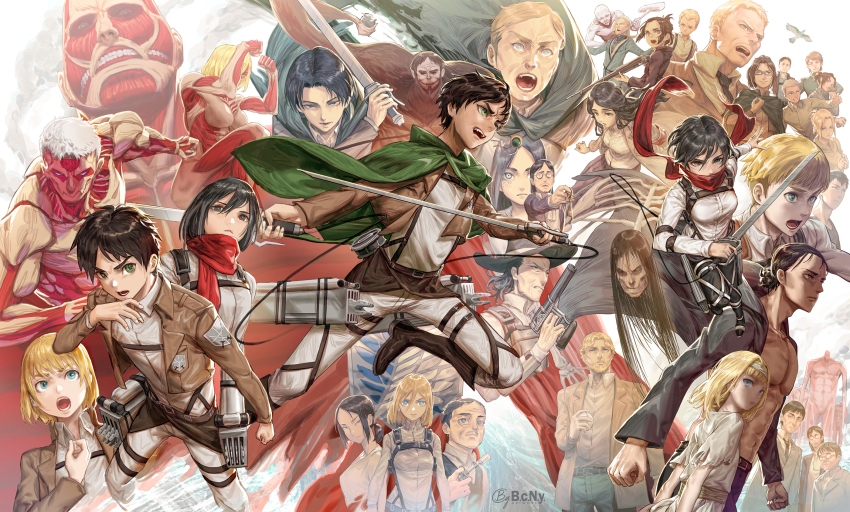 6+boys 6+girls b.c.n.y. black_hair blonde_hair blue_eyes everyone giant highres holding holding_sword holding_weapon monster multiple_boys multiple_girls open_mouth shingeki_no_kyojin sword titan_(shingeki_no_kyojin) unsheathed weapon