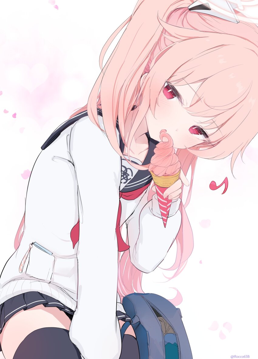 1girl absurdres black_sailor_collar black_skirt black_thighhighs blue_archive blush food halo highres ice_cream ice_cream_cone long_hair long_sleeves looking_at_viewer miniskirt natsu_(blue_archive) neckerchief open_mouth pink_hair pink_halo pleated_skirt red_eyes red_neckerchief sailor_collar sakurano_rocco school_uniform serafuku shirt side_ponytail skirt soft_serve solo thighhighs white_shirt