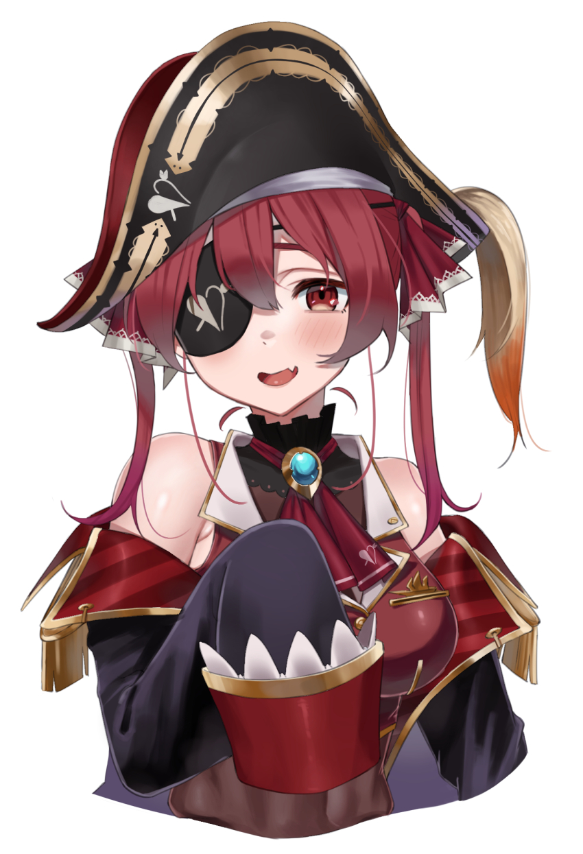 1girl armpit_crease ascot bare_shoulders bicorne black_choker black_coat black_hat blush brooch brown_leotard choker coat collared_shirt commentary covered_navel cropped_torso double-parted_bangs eyepatch fang frilled_choker frills hair_ribbon hat highres hololive houshou_marine houshou_marine_(1st_costume) jewelry leotard looking_at_viewer off_shoulder open_mouth pirate_hat print_eyepatch red_ascot red_hair red_ribbon red_shirt ribbon shin_ilst shirt simple_background skin_fang sleeveless sleeveless_shirt sleeves_past_fingers sleeves_past_wrists smile solo twintails virtual_youtuber white_background