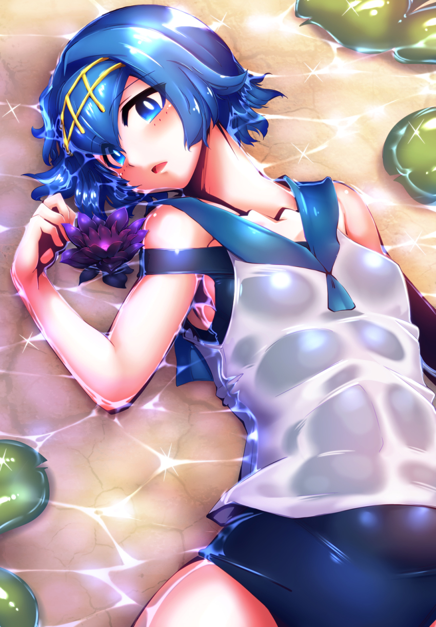 1girl blouse blue_eyes blue_hair blue_one-piece_swimsuit blue_sailor_collar blush breasts caustics collarbone colored_eyelashes cowboy_shot diffraction_spikes eyes_visible_through_hair female_focus flower from_above hair_between_eyes hair_ornament hand_up head_tilt headband highres lana_(pokemon) looking_at_viewer lying matching_hair/eyes nintendo npc_trainer on_back one-piece_swimsuit open_mouth partially_submerged pokemon pokemon_sm purple_flower sailor_collar see-through_clothes shirt short_hair sleeveless sleeveless_shirt small_breasts solo strap_slip swimsuit swimsuit_under_clothes tokyo_(great_akuta) trial_captain water wet wet_clothes wet_shirt white_shirt