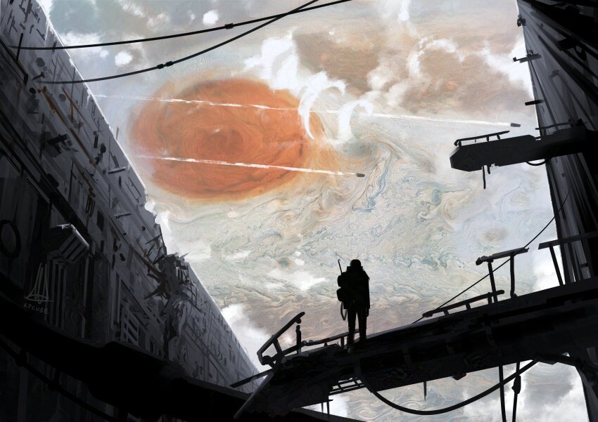 1other absurdres antennae backpack bag battle cable catwalk_(walkway) europa_(moon) europa_ice_war_(meme) from_behind from_below great_red_spot helmet highres jupiter_(planet) meme original railing ruins silhouette smoke smoke_trail spacecraft standing trench xcube